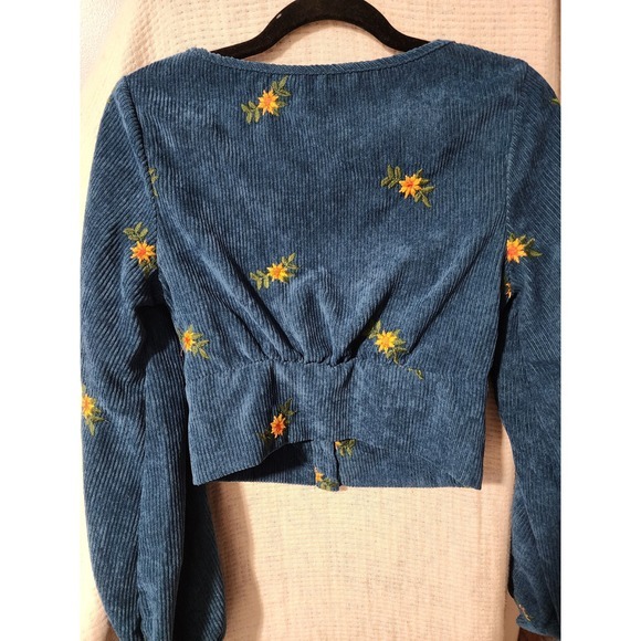 Cider Corduroy Top Floral Embroidered Long Sleeve Blue Crop Top Blouse XS - Picture 2 of 4
